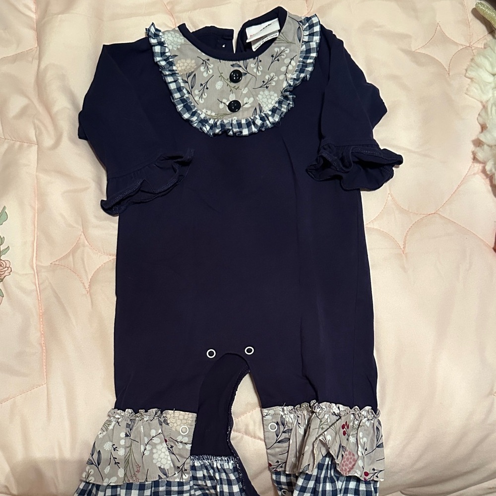Natalie Grant Navy Blue Baby Romper with Ruffle Details